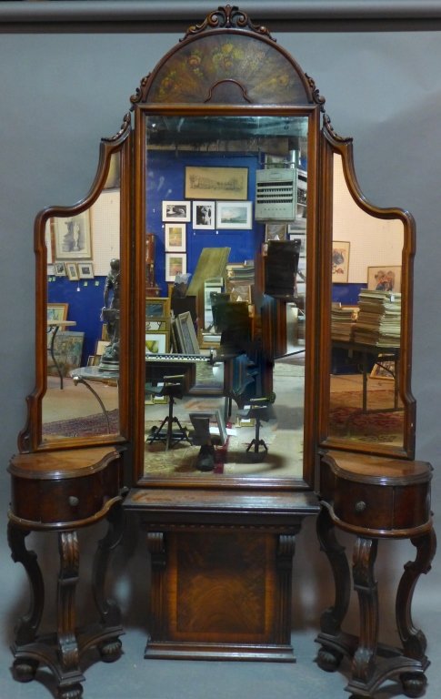 Antique 3 Section Mirrored Vanity: Vanity with 3 large hinged mirrors and hand painted floral arch. Height: 79", Width: 47", Depth: 12"