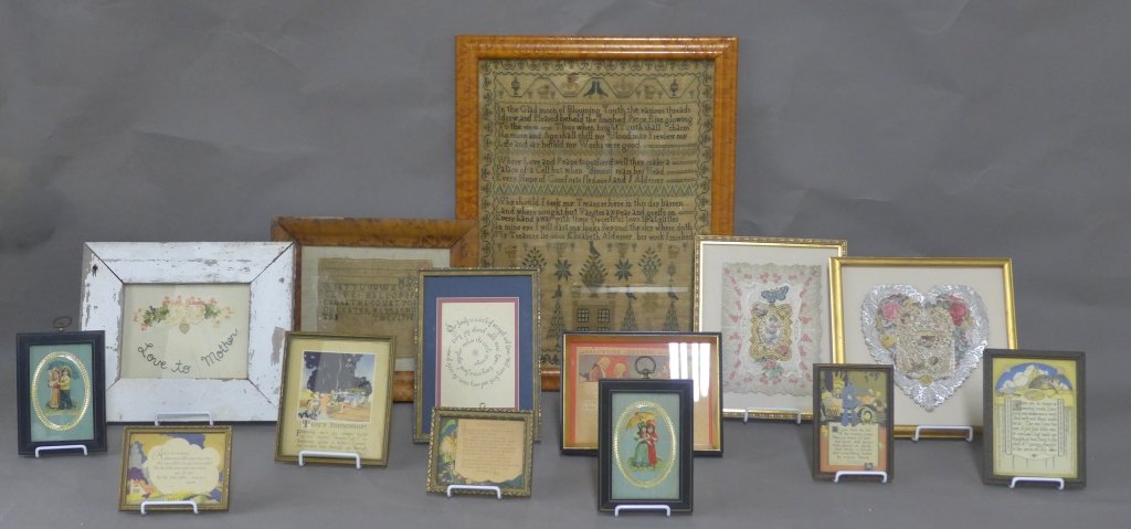 Needlepoint Samplers and Vintage Word Art: 14 pieces of framed wall art including needlepoint circa 1820 and vintage poems and quotes. There is hand written notes on the back of some of the pieces. The collection is in good overall condition.