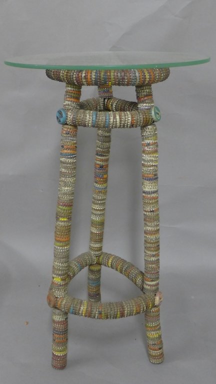 Pop Art / Folk Art Bottle Cap Table: Unique glass top bottle cap occasional table. Height: 23", Width: 14 1/2"