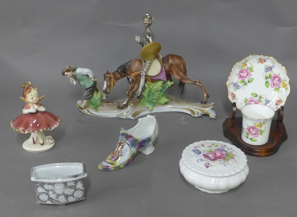 Collection of Porcelain: 6 pieces of decorative porcelain. Maker's marks on bottom. Coalport, Capodimonte, Hammersley & Co, and A. Tamchin. Wear to gilt accents. Some chipping on ballerina and some sharp edges on others. Meas