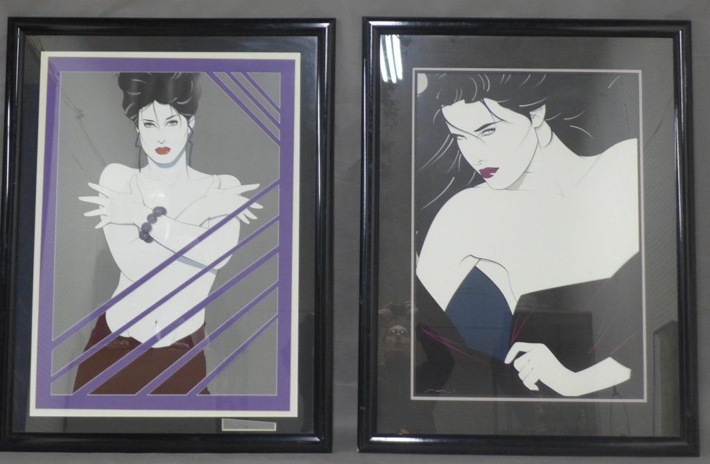 Patrick Nagel, American (1945-1984): Color serigraphs of women. Signed on lower left and right. In good condition, framed under plexi. Height: 43", Width: 33" & Image Size: Height: 35", Width: 25"