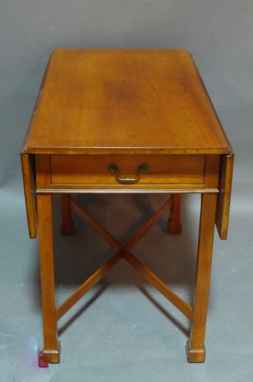 Drop Leaf Table, American 18/19th C: Drop leaf table with center drawer. Leaves supported by hinged swing arm. Height: 29", Width: 38 1/2", Depth: 32"