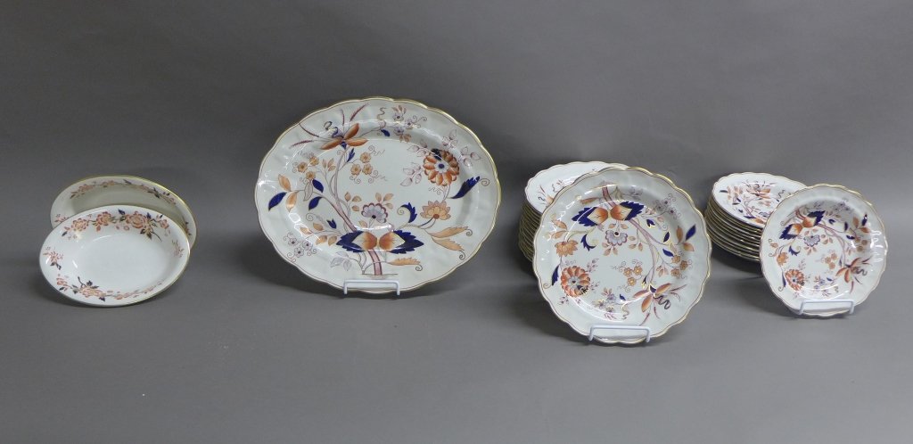 Booths Fresian Porcelain Dinnerware: Antique 1900 English Fine China/porcelain dinnerware. Booths Fresian. Collection includes: 12 smaller plates, 15 larger dinner plates, 2 oval bowls, and a platter. Beautiful floral design with gilt ac