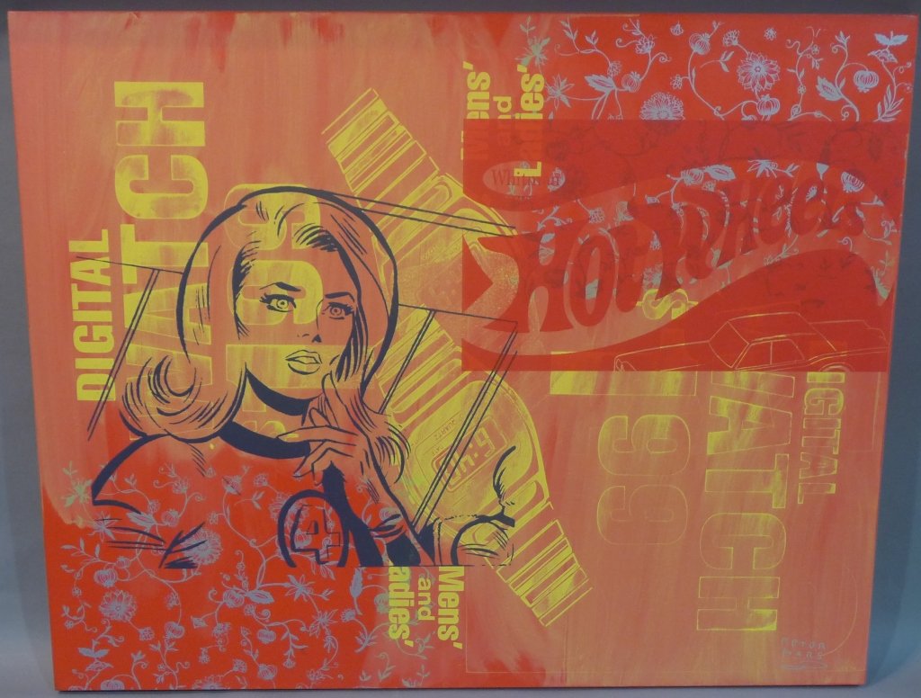 Peter Mars, American (1959-): I Think its Time to Disappear" Acrylic, silkscreen on stretched canvas. Signed on lower right. Inscription and stamp on back on canvas. Height: 48", Width: 60", Depth" 1 3/8