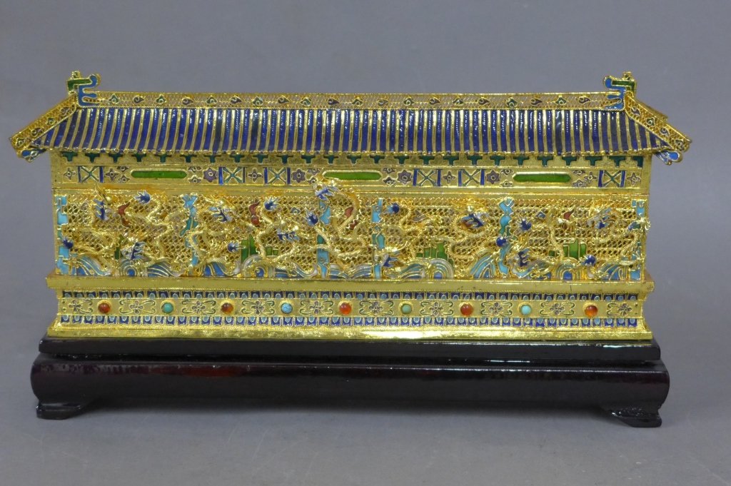 Chinese Temple: Ornate Asian gilt and enamel temple on wood base. Bezel set semi precious stones. No noticeable maker's mark. Height: 5 3/4", Width: 10 1/2", Depth: 1 7/8"