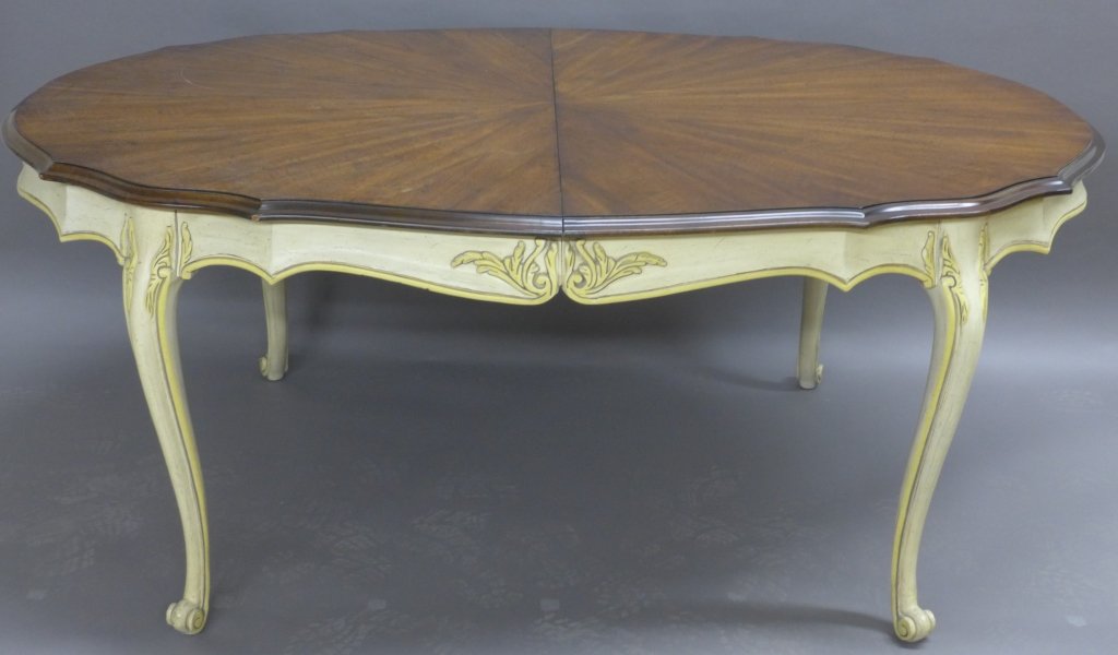 Painted French Country Cottage Dining Table: Painted cottage chic French style farmhouse table with 2 leaves. Made by White Furniture Company, a major American producer of hand crafted fine furniture for over a century. Some wear to finish. Make