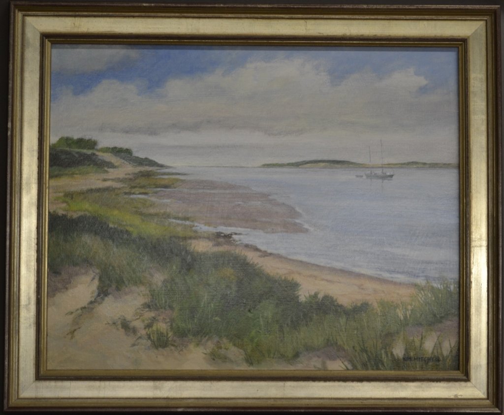 Kenneth M. Mitchell, American (1926- ): "Low Tide - Loagy Bay, MA" Acrylic on board signed on lower right. Mitchell is an East Coast Artist born in New Jersey. Height: 20", Width: 23 1/2" & Image Size: Height; 16", Width: 20" STERLING ASSOC