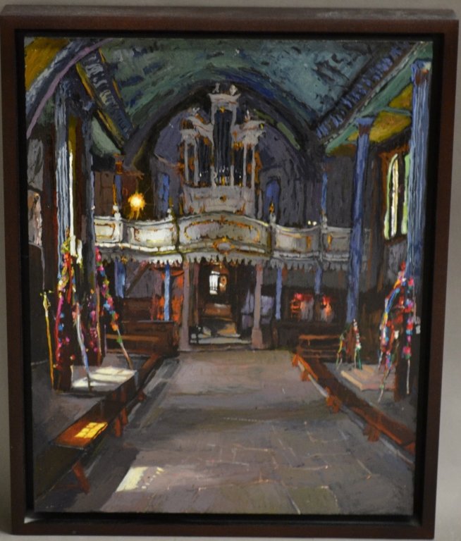 Joanna M. Wezyk, Poland (1966- ): "Old Church- Museum in Rabka, Poland" Oil on wood signed on back. Joanna M. Wezyk is a Polish American artist. Height: 15 1/4", Width: 12 1/4" & Image Size: Height: 14" Width: 11" STERLING ASSOCIATES