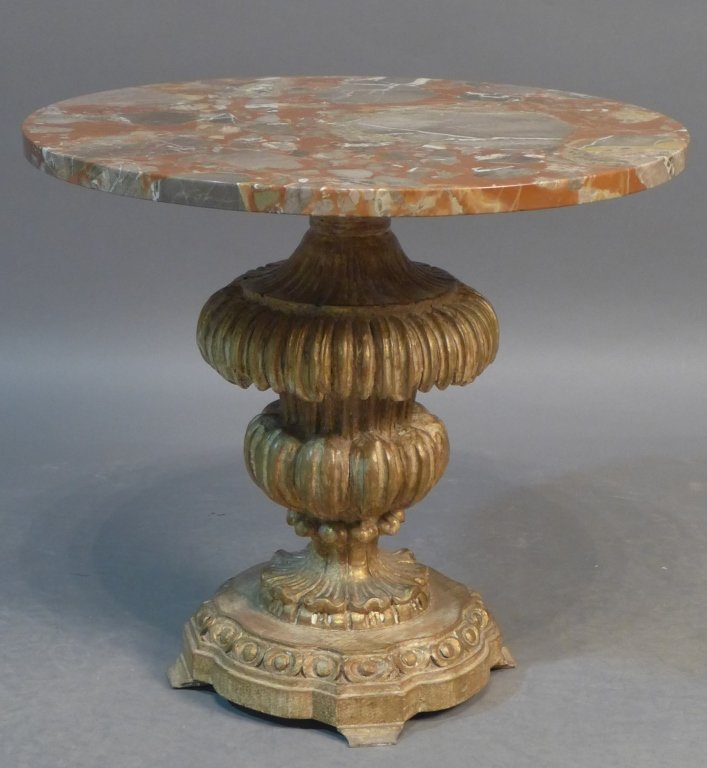 Marble Top Side Table: Marble Top pedestal occasional / side table. Some wear to carved and gilt wood pedestal. Height: 19", Width: 21" (furniture, side table, Victorian, Louis XV style) STERLING ASSOCIATES STRIVES TO PROVI