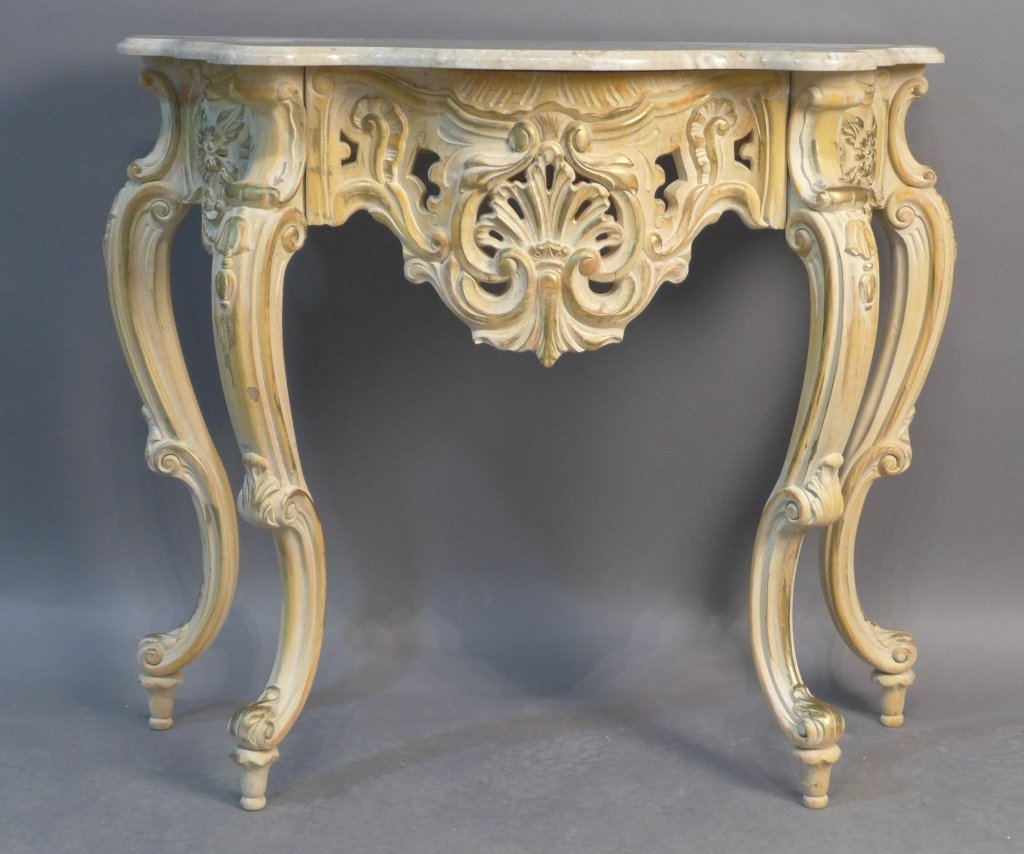 Louis XV Style Marble Top Console: Ornate painted composition console table with gilt accents. Marble top. Some chips, wear to edges and loss of paint. Height: 31 7/8", Width: 38", Depth: 15 1/4" (furniture, ornate, shell design) STERL