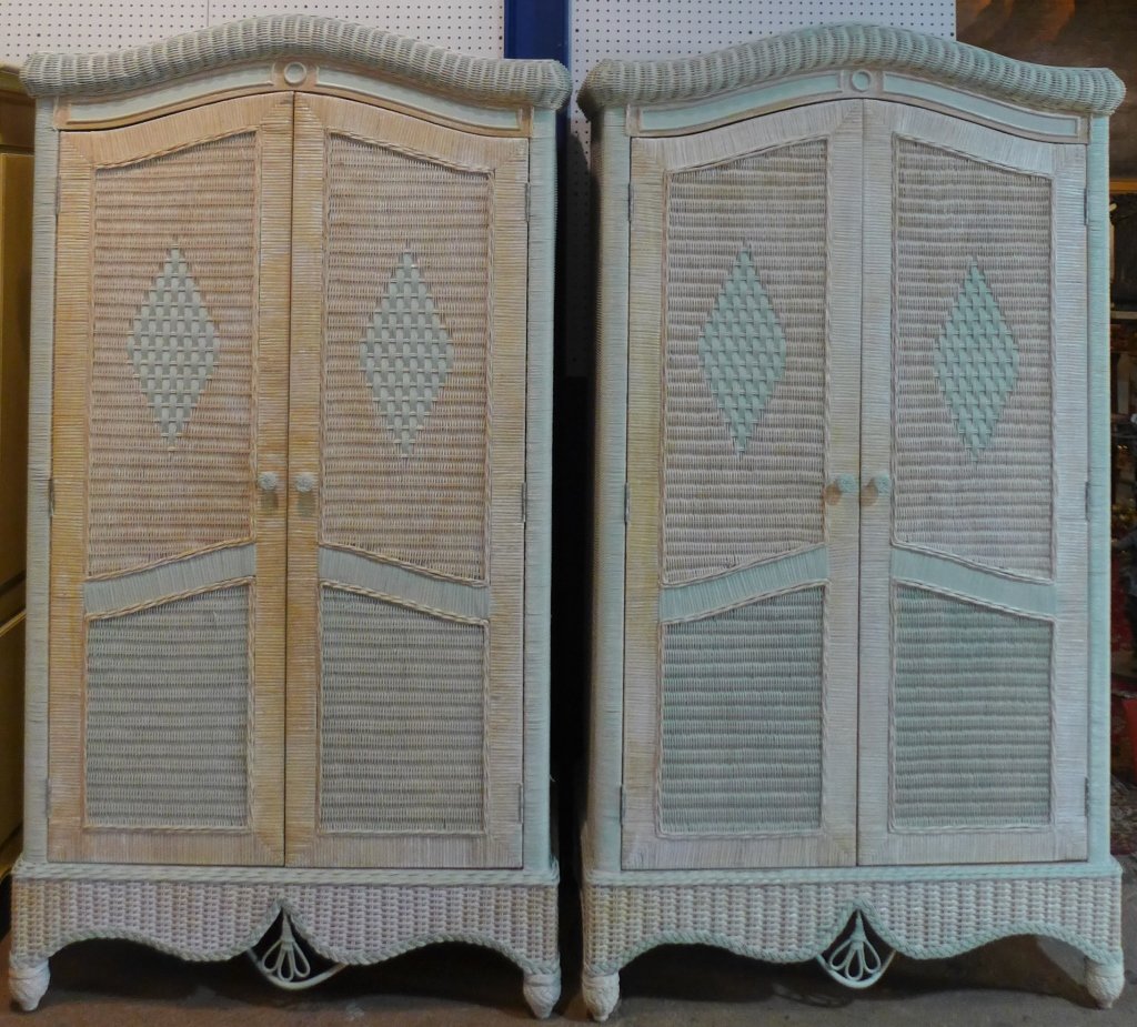 Pair Painted Wicker Armoires: Pair double door wicker wardrobes/ armoires. Painted a light shade of pink, blue and white. Diamond design on front. Some discoloration. Height: 77 1/2", Width: 43", Depth: 22 1/4" (furniture, storage