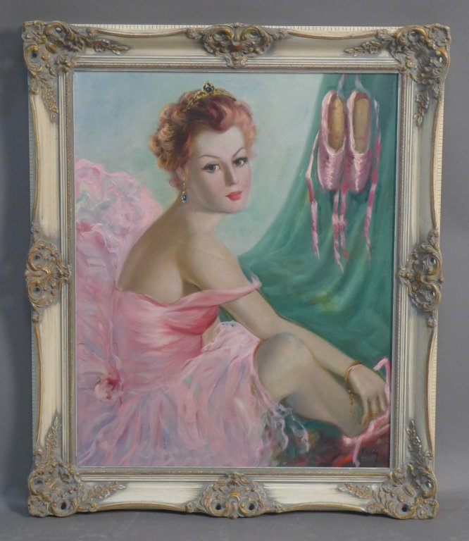 Signed Ballerina Portrait: Figural portrait of a ballerina in a pink dress. O/C signed on lower right. There appears to be a line across shoulder and some chips to right of painting. Height: 36 1/4", Width: 30 1/4" & Image Size