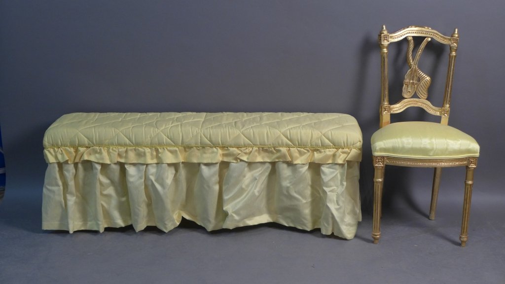 Louis XVI Style Chair and Bench: Gilt vanity chair and yellow bed bench. Chair has unique and decorative splat. Some wear to gilt chair. Some discoloration to fabric. Height: 19", Width: 54", Depth: 13 1/2" (furniture, seat, seating,
