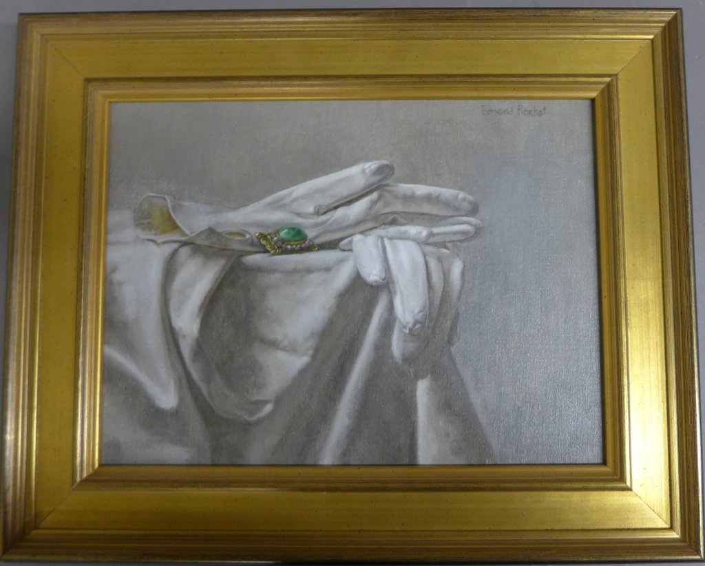 Edmond Rochat, American (20/21 st Century): "White Gloves and Broach" Oil on linen, signed on upper right side. Height: 12 3/4", Width: 16" & Image Size: Height: 8 1/2", Width: 11 1/2" STERLING ASSOCIATES STRIVES TO PROVIDE ACCURATE, OBJECTIVE,