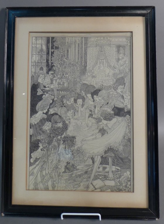 Charles Robinson, British (1870-1937): Charles Robinson (1870-1937) Original pen and ink illustration. "The Port of Pride" Framed under glass. Signed on lower left. No visible damage. Frame size: Height: 29 3/4, Width: 22", Depth: 1". Imag