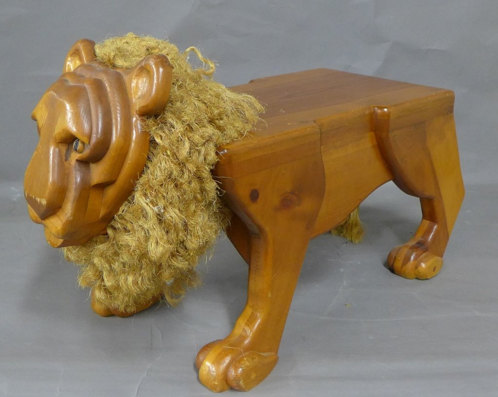 Handcrafted Wood Lion Bench / Stool: Fun handcrafted wood lion as a low bench or stool. Sturdy and well made. Makers mark on underside dated 1978. Mane and tail are crafted from rope. Height: 17", Width: 11", Depth: 26 1/2" (furniture, s