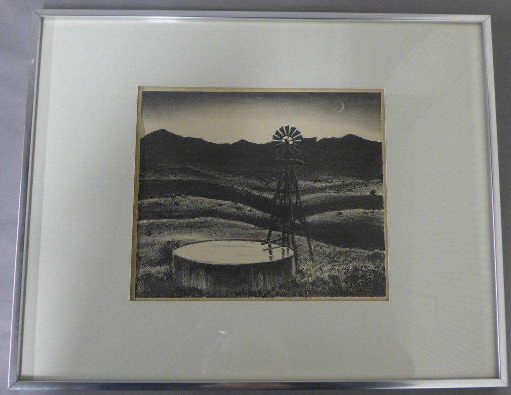 Peter Hurd (1904-1984): Peter Hurd (1904-1984) "Windmill Well at Night" Print framed under glass. Signed on lower right: Peter Hurd. Height: 15 1/4", Width: 19 1/4" & Image Size: Height: 8 1/4", Width: 9 3/4" STERLING ASSOCI