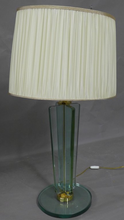 Modern Glass and Brass Lamp: Art Deco style glass and brass lamp with shade. Total Height: 34 1/2", Height: 22 1/2", Diameter: 10 1/2", Width of shade:19 1/4". (lighting, lamp, electric, vintage, post modern) STERLING ASSOCIATES 