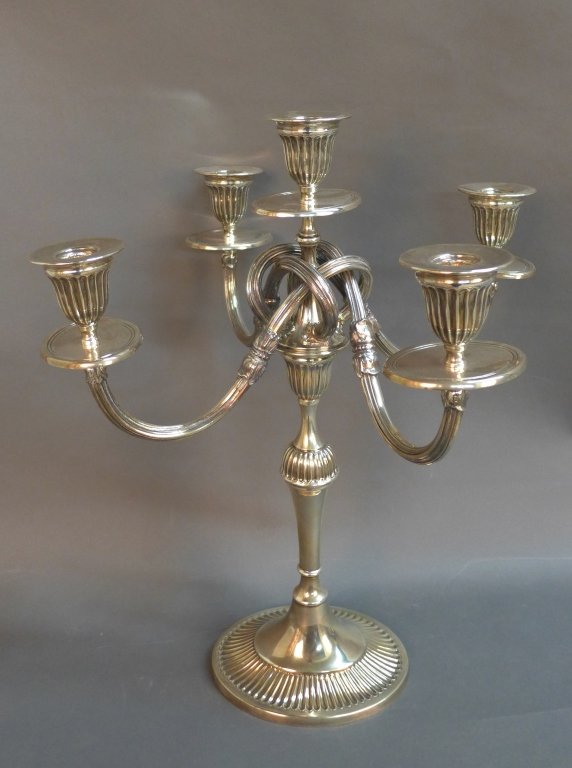 Sterling Silver Candelabra: Sterling silver 5 cup candelabra. Marked: Sterling WH Portugal. Height: 18 3/4", Width: 16". Approx weight: 1875 grams (lighting, candle, antique) STERLING ASSOCIATES STRIVES TO PROVIDE ACCURATE, OBJE