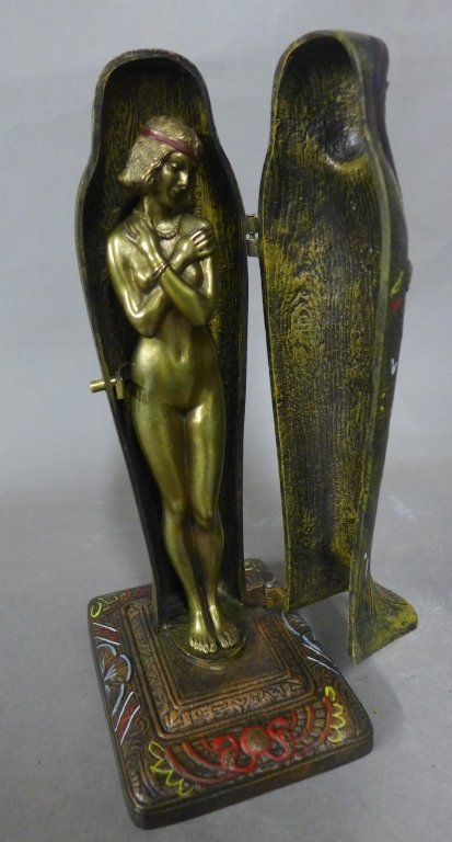 Bergman Sarcophagus Naughty Bronze: Franz Xavier Bergman Sarcophagus Naughty Bronze. Austrian, Orientalist. A painted Egyptian sarcophagus that is hinged to open revealing a female nude wearing only a necklace, bracelet and headband. Si