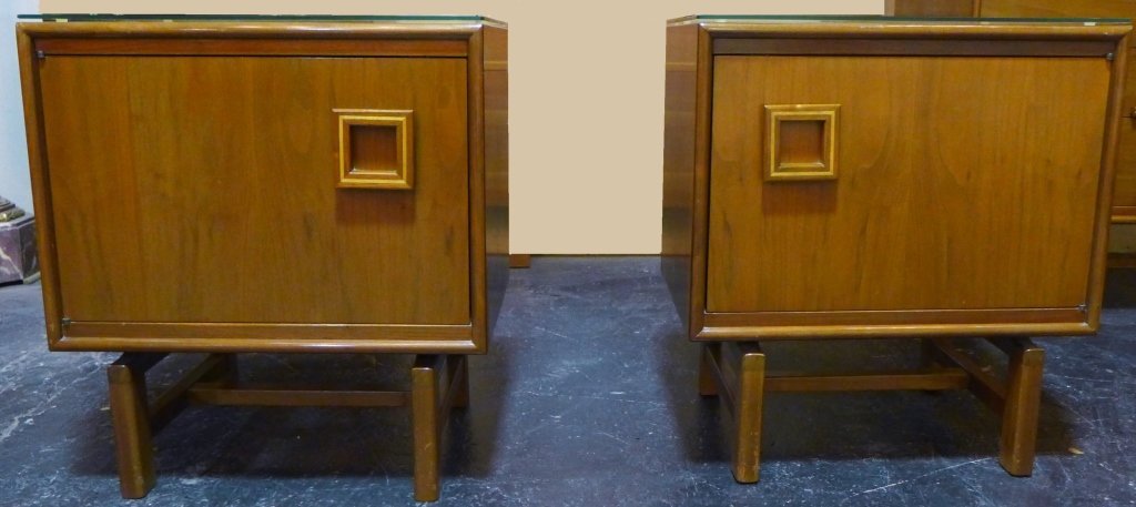 Pair Art Deco End Tables: Pair Art Deco night stands/ end tables. Doors with square handles have wood inlay accents. Open to reveal shelving. Floating glass lays on top. Height: 26", Width: 23", Depth: 16" (mid century, modern