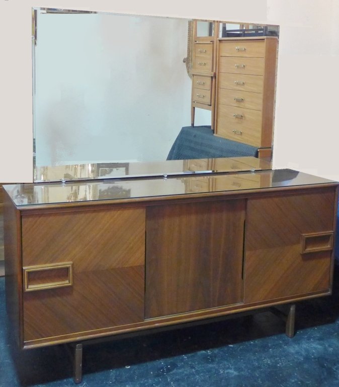 Art Deco Dresser/ Buffet, Cadenza: Ladies bedroom dresser with beveled edge mirror or dining room/ living room cadenza. Front sliding doors have herringbone design with wood inlay accents on handles. Floating glass top. Total Height: 7