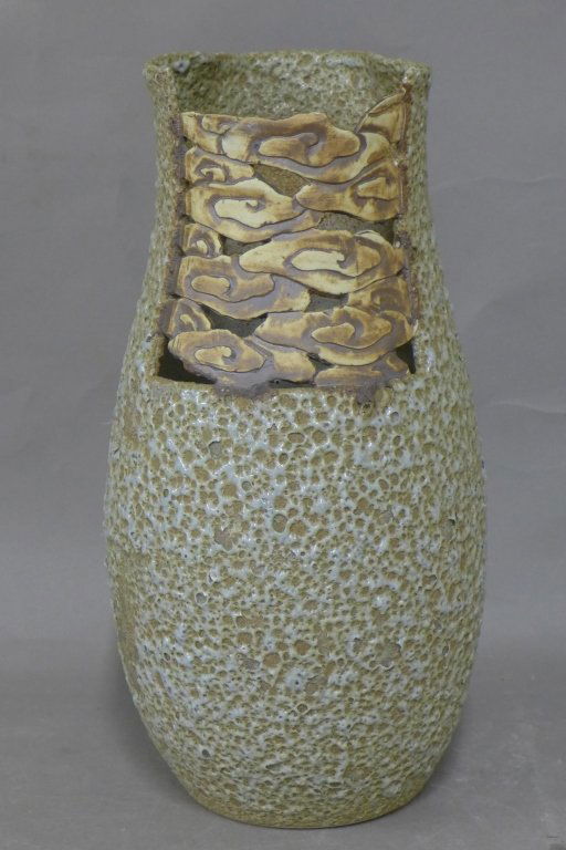 Modern Japanese Ceramic Vase: Asian studio art pottery, possibly porcelain. Glazed vessel with pierced cloud design in front. In great condition with maker's mark on bottom. Height: 12", Width: 5 3/4" (earthenware, art pottery, ce