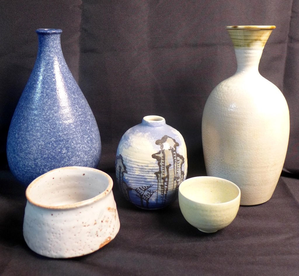 Collection of Asian Studio Pottery: Collection of 5 unique pieces of Asian art pottery. All are painted with beautiful glazes. Earthenware sizes and shapes vary. Maker's mark on low bowl. Height of tallest vase: 11", Width: 5" (Modern,