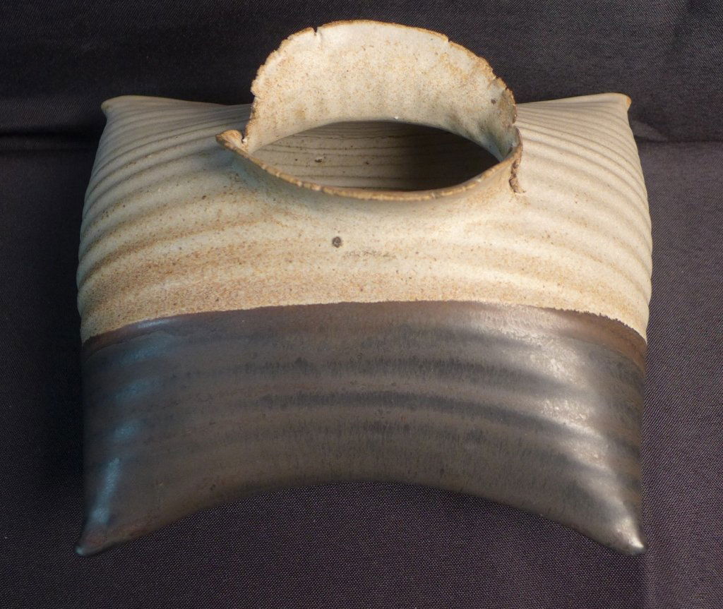 Japanese Art Pottery, Pillow Vase: Japanese studio pottery. Artfully glazed ceramic "pillow" vessel. Maker's marks on corner. Height: 5 1/2", Width: 9", Depth: 8" (Modern, mid century, art pottery, earthenware) STERLING ASSOCIATES STRI