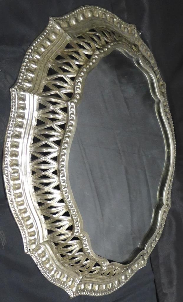 Art Deco Mirror: Unique silver over copper mirror with three dimensional pierced metal frame. Height: 36", Width: 26 3/4", Depth: 4" (Modern, mid century, art deco, decorative accessories, glass) STERLING ASSOCIATES S