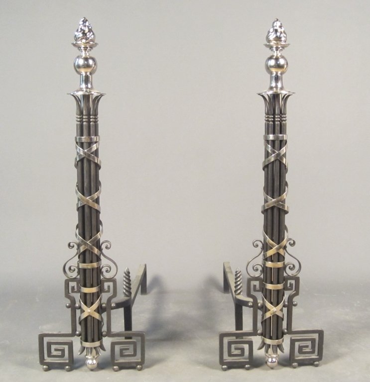 Pair of Iron & Nickel Over Bronze Chenets, French: Pair of iron and nickel over bronze art deco chenets, French circa 1920. Height: 36", Width: 11" (art deco, art nouveau, andirons, modern, mid century) STERLING ASSOCIATES STRIVES TO PROVIDE ACCURATE,