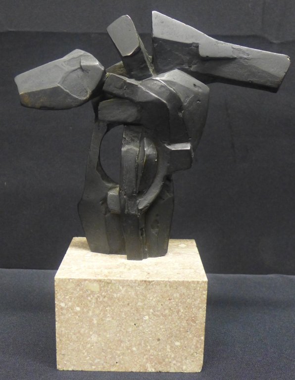 Dimitri Hadzi, American (1921- 2006): Abstract sculpture on marble base. Signed and numbered on lower back of bronze. Height: 10", Width: 8", Depth: 3" (modern, mid century, figural, metal, stone, sculptural) STERLING ASSOCIATES STRIVES T