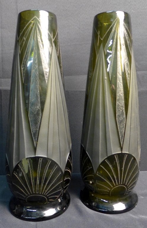 Pair of Auguste Legras Art Deco Acid Cut Vases: Clear olive green glass deeply etched with a regular geometrical pattern both with etched mark 'Legras'. French circa 1920- 1925. Height: 17 1/2", Width: 6" (art glass, French, France, glassworks, mod