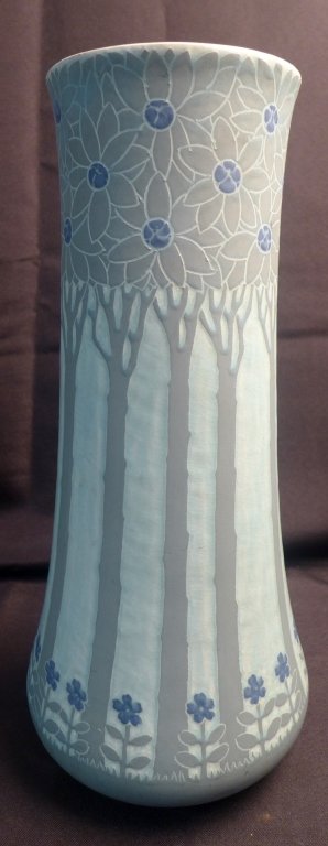 Josef Ekberg Gustavsberg Pottery Vase: Swedish Art Nouveau art pottery vase beautifully glazed with repeat pattern of floral and tree design. Signed and dated on bottom. Height: 15 3/4", Width: 7" (Vessel, art deco, art nouveau, glazed, pa