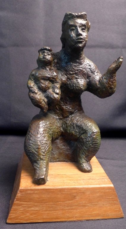 Chaim Gross, American (1904- 1991): "Mother Child" Patinated figural bronze on wood base. Signed and numbered on back: Chaim Gross 37/47. Height: 10", Width: 5 1/2", Depth: 5 1/2" (fine art, metal, figure, family, modern, mid century, s