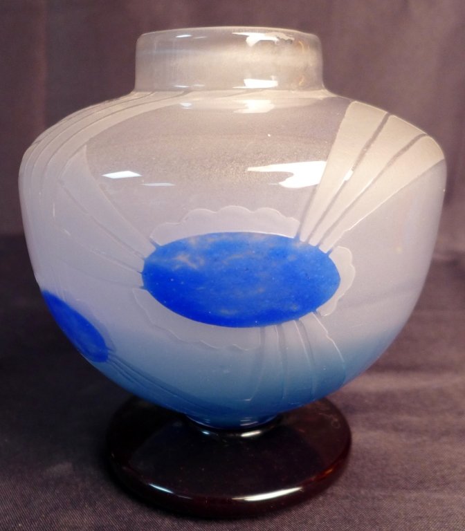 Le Verre Francais "Blue Sunburst": Le Verre Francais Art Deco sunburst vase. Acid etched and applied glass. Signed: Le Verre Francais and Charder. Circa 1925. Height: 7", Width: 6", Depth: 6" (art glass, modern, mid century, floral, bl