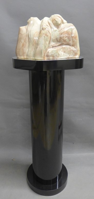 Tobias, Willi (American) Marble Sculpture: Modern figural marble sculpture signed: W. Tobias. Willi Tobias (American). On mirror and swivel top pedestal. Total Height: 52 1/2", Height of Marble: 10 1/2", Width: 17", Depth: 10" (alabaster, ston