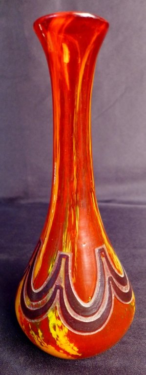 Auguste Legras Red Cameo Vase: Stunning Art Deco glass vase. Red and yellow glass with violet scalloped design. Signed Legras. Height: 9 1/4", Width: 3 3/4", Depth: 3 3/4" (French, France, art glass, modern, mid century) STERLING A