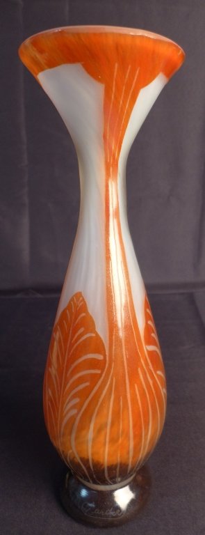 Charder Tabac Vase: Art Deco cameo vase. White glass with tango orange overlay. Acid etched and wheel carved. Signed Charder. Height: 16 1/2", Width: 4 3/4", Depth: 4 3/4". (Art glass, art nouveau, modern, mid century) S