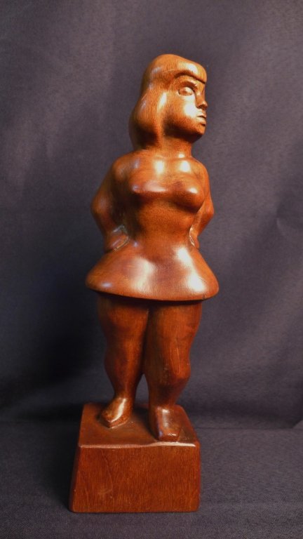 Chaim Gross, American (1904- 1991): "Standing Girl" Hand carved wood sculpture of stylized female. Abstract modern art. Signed: Chaim Gross as well as Limited Edition Robinson Galleries, Inc NY. (art deco, fine art, human figure, modern