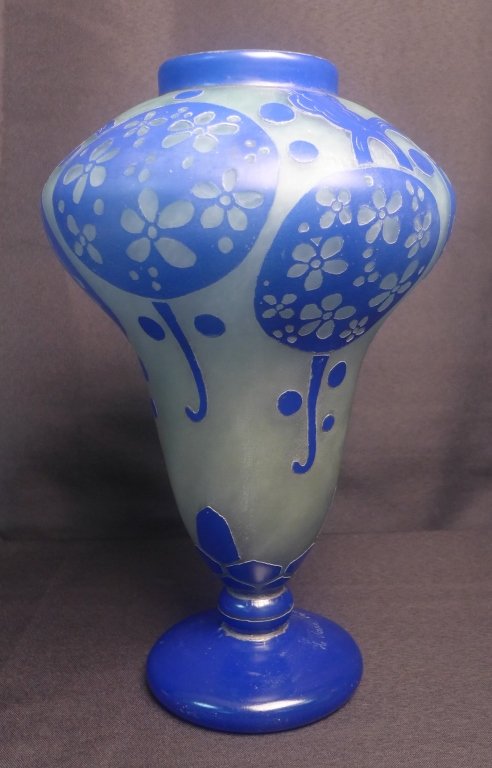 Le Verre Francais Vase Azurettes: Art Deco acid- etched vase and then retouched by wheel carving. Illustrated in Charles Schneider Le Verre Francais- Charder Schneider by Marie- Christine Joulin and Gerold Maier. Signed Le Verre Franc