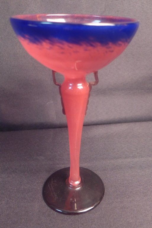 Schneider Coupe Bijoux: Beautiful coupe bijoux by the artist Charles Schneider. This piece is done in dense rich colors that are typical of Schneider's early work. The stem and cup of the chalice are done in pinkish purple h