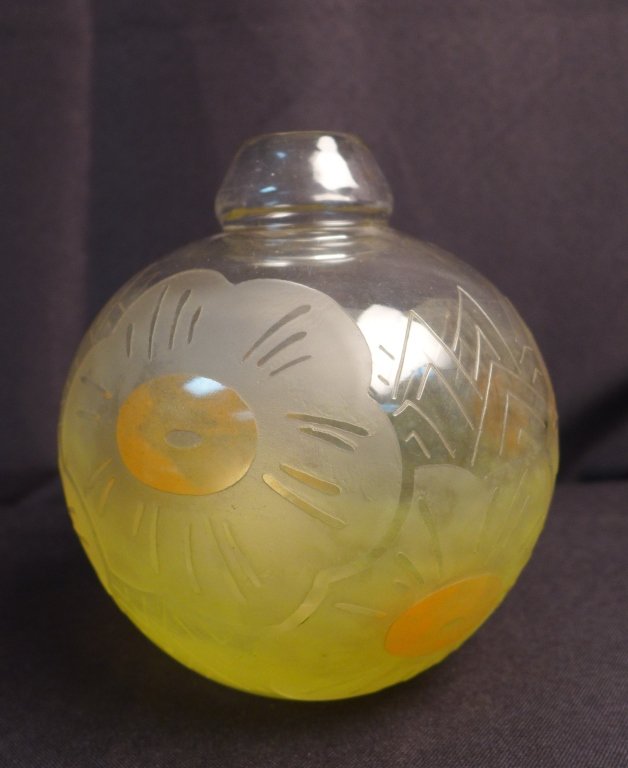 Le Verre Francais Vase: Beautiful Le Verre Francais vase depicted with stylized flowers. Yellow glass overlaid with colorless glass and spotted with orange. Signed Le Verre Francais and Charder. Height: 6", Width: 5" (art gl