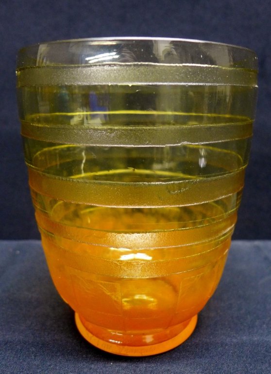 Le Verre Francais Art Deco Vase: Le Verre Francais acid- etched vase with geometric pattern in ombre orange glass overlaid in clear glass. Signed Le Verre Francais and Charder. French circa 1925. Height: 6 7/8", Width: 4 7/8" (art gl