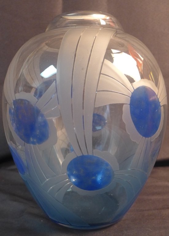 Le Verre Francais Sunburst Vase: Stunning Le Verre Francais with bright blue geometric sunburst pattern. Signed Le Verre Francais and Charder. French. Height: 12", Width: 10" (art glass, art deco, art nouveau, modern, mid century) ST