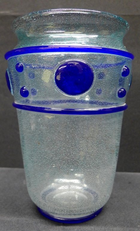 Daum Nancy Art Deco Vase: Beautiful Art Deco vase by Daum Nancy. Vase is done in a clear bubble glass with blue glass accents. Vase is stylized with cobalt blue applied glass. Vase is signed Daum Nancy with the cross of Lorrai