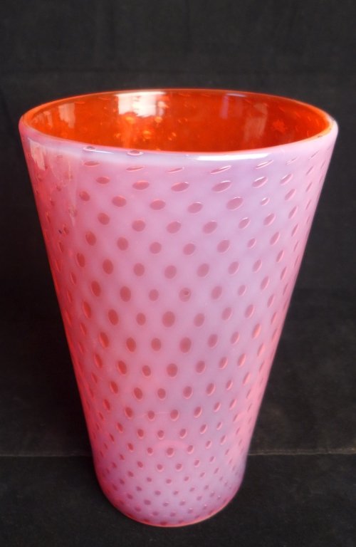 Murano Controlled Bubble Vase: Venetian art glass, Murano controlled bubble vase. Pink glass exterior with vibrant red coral glass interior. In the manner of Archimede Seguso. Height: 9 3/4", Width: 6 1/2"(art glass, modern, mid ce