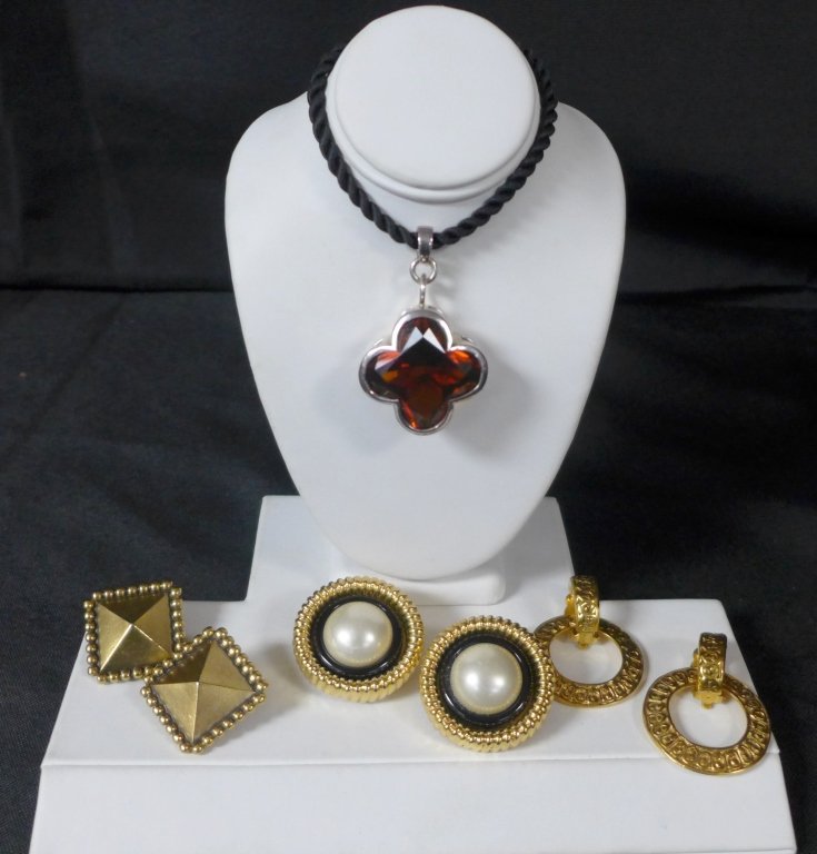 Collection of Vintage Fashion Jewelry: Great collection of vintage fashion jewelry. Assortment includes 3 pairs of clip-on earrings (2 Chanel & 1 Yves Saint Laurent) and 1 large sterling silver and gemstone pendant. Height of pendant (incl