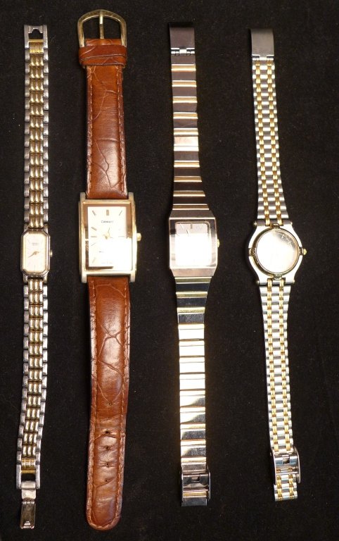 4 Wrist Watches: Collection of 4 wrist watches. Cassant water resistant Quartz watch with leather band. Seiko Quartz two tone watch with metal link band. Japanese Rado two tone watch with horizontal metal link band. T