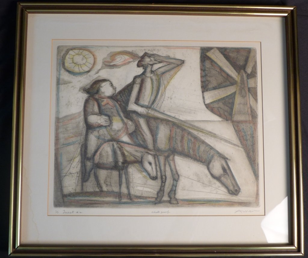 Irving Amen, American (1918- 2011): "Quest #2" by Amen. Artist proof. Signed and titled in pencil. Figural lithograph of Don Quixote. Framed and matted under glass. Some slight discoloration. Height: 21 1/2", Width: 24 1/2" & Image Size